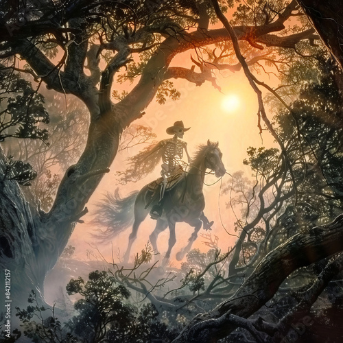 Skeleton Cowboy Riding Through a Haunted Forest