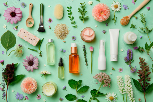 Presentation of cosmetics with natural flowers and natural ingredients, plants, organic elements, petals, on a green background, top view photo