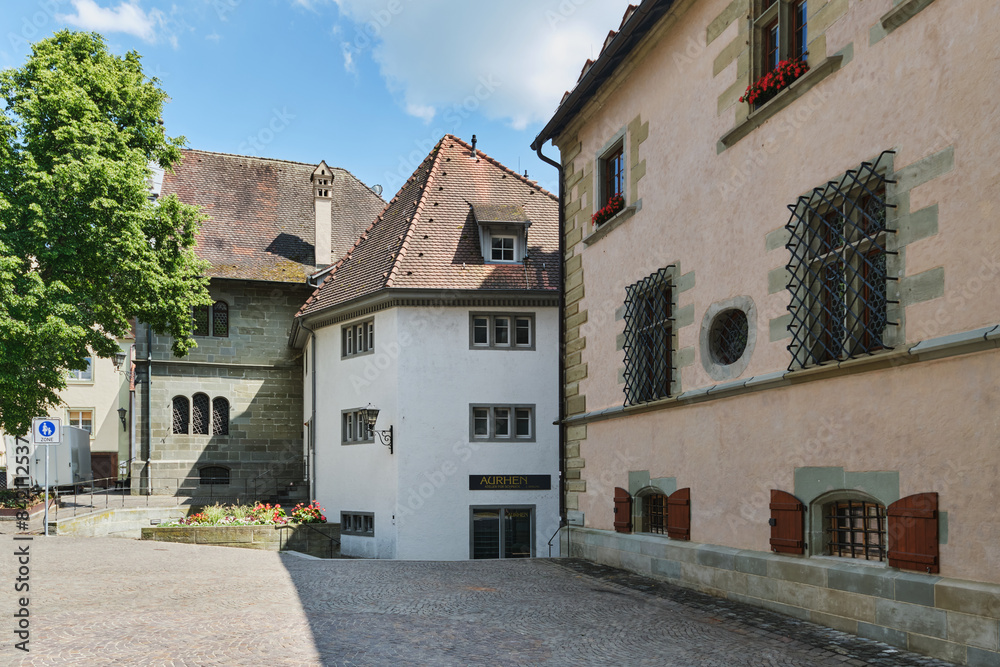 Fototapeta premium Cityscape street scene panorama in the colorful charming historic old town of Uberlingen at Lake Constance, Baden-Wurttemberg, Germany, Europe