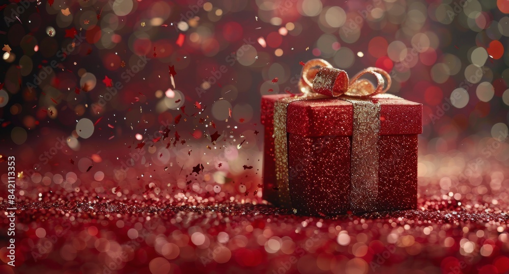 Red Gift Box With Gold Bow and Confetti on a Red Background Red Gift Box With Gold Bow and Confetti on a Red Background