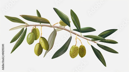 Elegant illustration of a green olive branch with detailed leaves on white background. Perfect for botanical prints and nature-inspired designs. Ideal f AI
