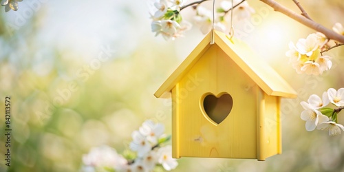 Charming Yellow Bird House with Heart-Shaped Entrance photo