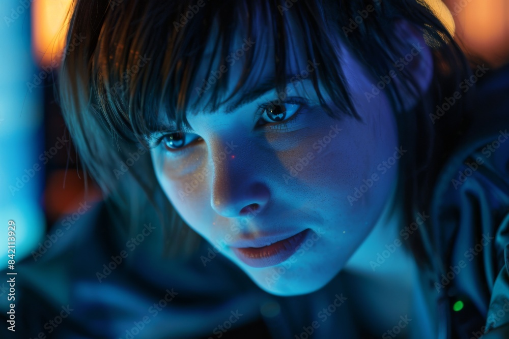 Close-up of a woman with a focused expression illuminated by blue light, evoking feelings of concentration and determination. Close-up of a woman with a focused expression illuminated by blue light, evoking feelings of concentration and determination.
