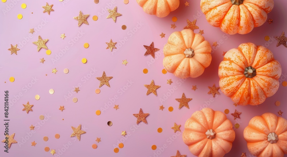 Autumn Pumpkins on Pink Background With Gold Glitter and Stars Autumn Pumpkins on Pink Background With Gold Glitter and Stars