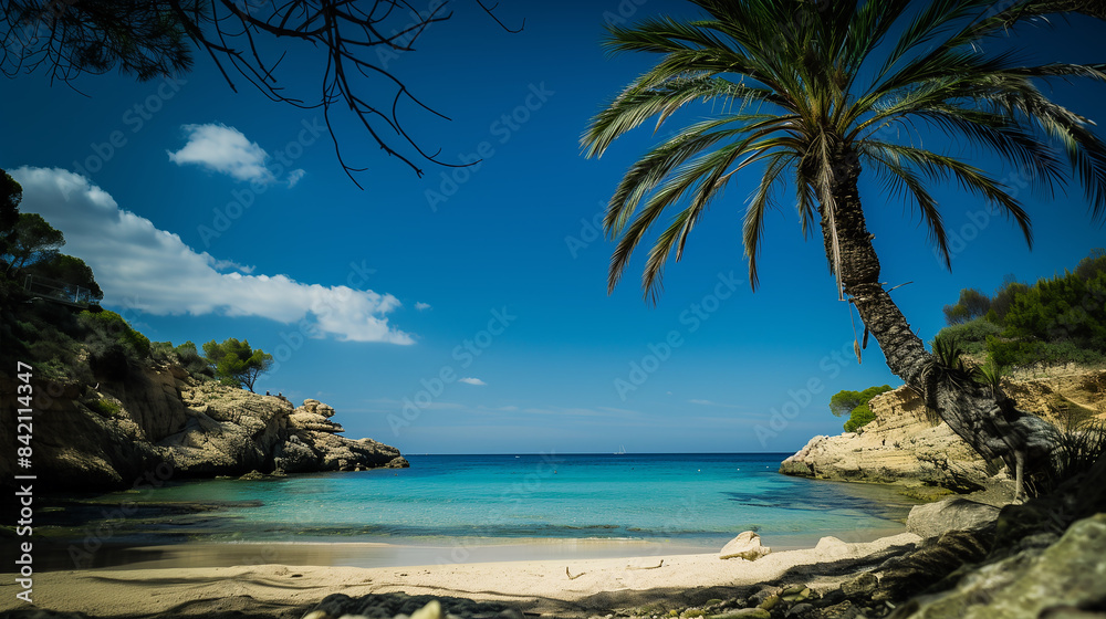 A beautiful beach with a palm tree in the foreground A beautiful beach with a palm tree in the foreground