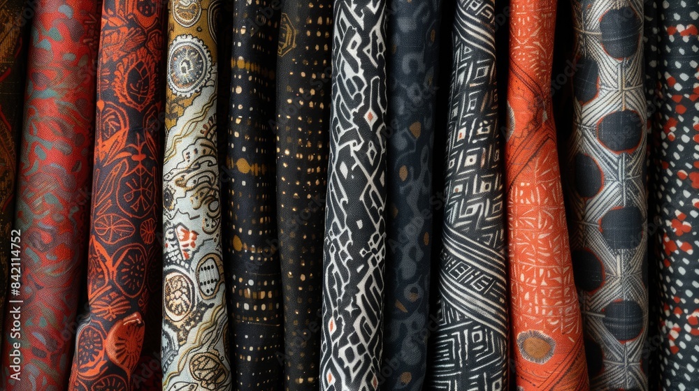 Abstract designs in shirting featuring traditional Ajrakh Ikat block print and batik patterns alongside digital printed textile background Abstract designs in shirting featuring traditional Ajrakh Ikat block print and batik patterns alongside digital printed textile background