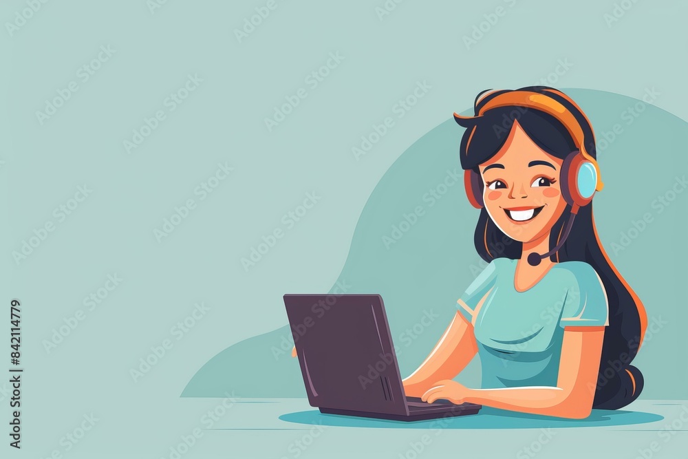 Smiling Woman with Headphones Working on Laptop, Remote Work and Online Learning Concept Smiling Woman with Headphones Working on Laptop, Remote Work and Online Learning Concept