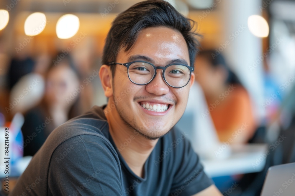 Portrait of a happy young man wearing glasses, smiling brightly in a casual indoor environment with people in the background. Portrait of a happy young man wearing glasses, smiling brightly in a casual indoor environment with people in the background.