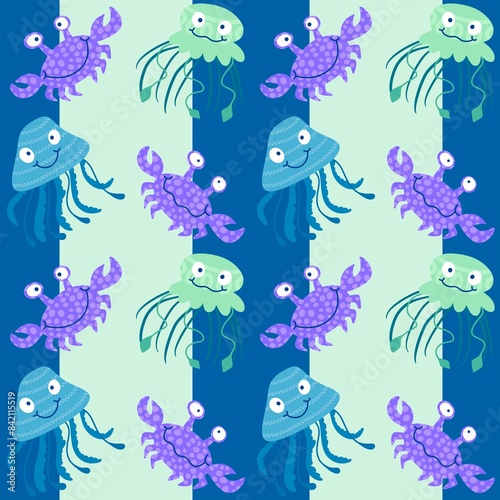 Summer animals print seamless cartoon crabs and jellyfish pattern for wrapping