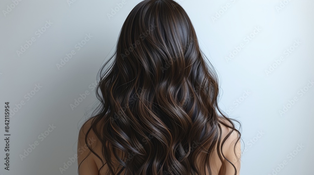 Naklejka premium Woman with long wavy dark hair, back view. Haircare and beauty concept