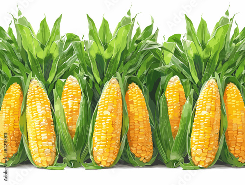 A row of corn cobs with green leaves