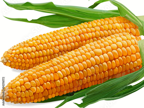 Two yellow corn cobs are shown with green leaves. The corn is ripe and ready to be eaten