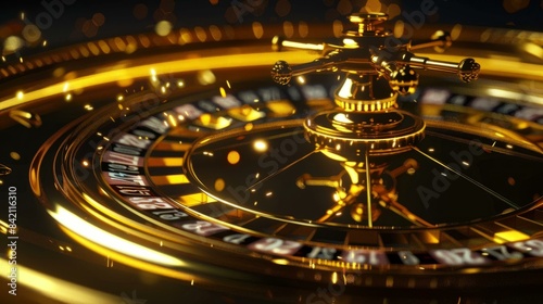 Close-up of a golden roulette wheel with sparkling lights  symbolizing high-stakes gambling and luxury entertainment