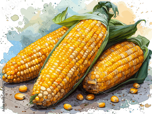 Three yellow corn cobs with green leaves on top. The corn is arranged in a way that it looks like a small cornucopia