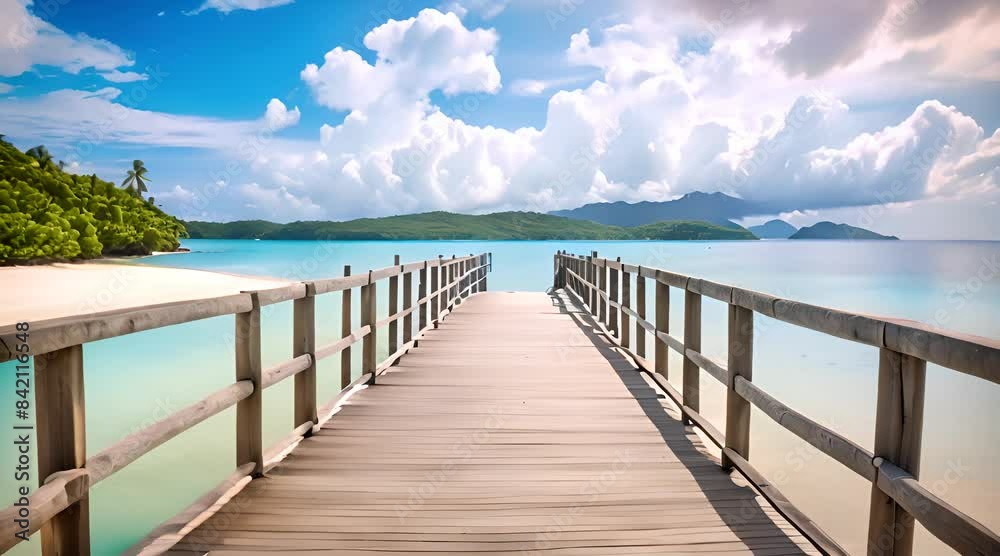 Summer Vacation Concept: Panoramic View of a Tropical Landscape with a Wooden Pier swimming to sea Summer Vacation Concept: Panoramic View of a Tropical Landscape with a Wooden Pier swimming to sea
