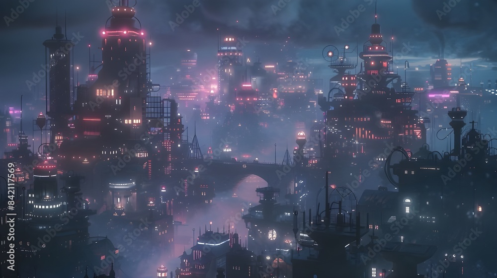 Fototapeta premium Neon Lit Futuristic Metropolis at Night