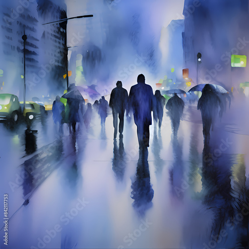 Watercolor: City folk stroll rain-soaked downtown metropolis.
