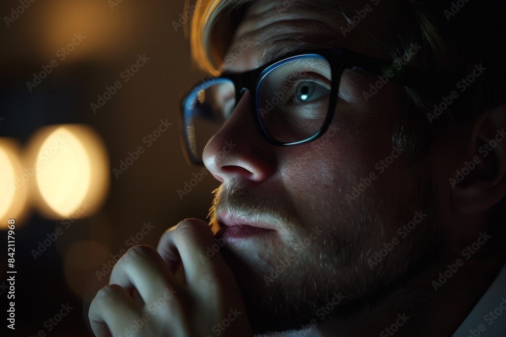 Close-up of a man wearing glasses, deep in thought, with a focused expression and soft lighting in the background. Close-up of a man wearing glasses, deep in thought, with a focused expression and soft lighting in the background.