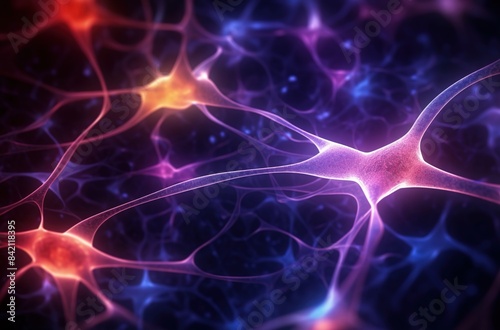 
Abstract background with glowing neurons and brain cell connections on a dark blue background, with pink and orange colors.  photo