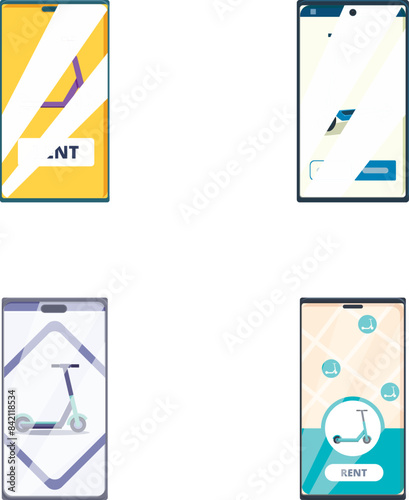 Set of smartphone screens with escooter and bike rental app design, showcasing navigation and payment