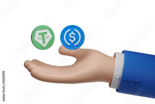 Cartoon hand holding Tether USDT and USDC coin isolated on white background. 3d illustration. photo