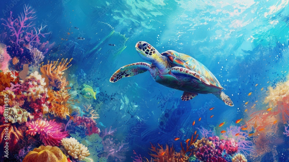 Fototapeta premium Wild green sea turtle gliding through vibrant coral reef