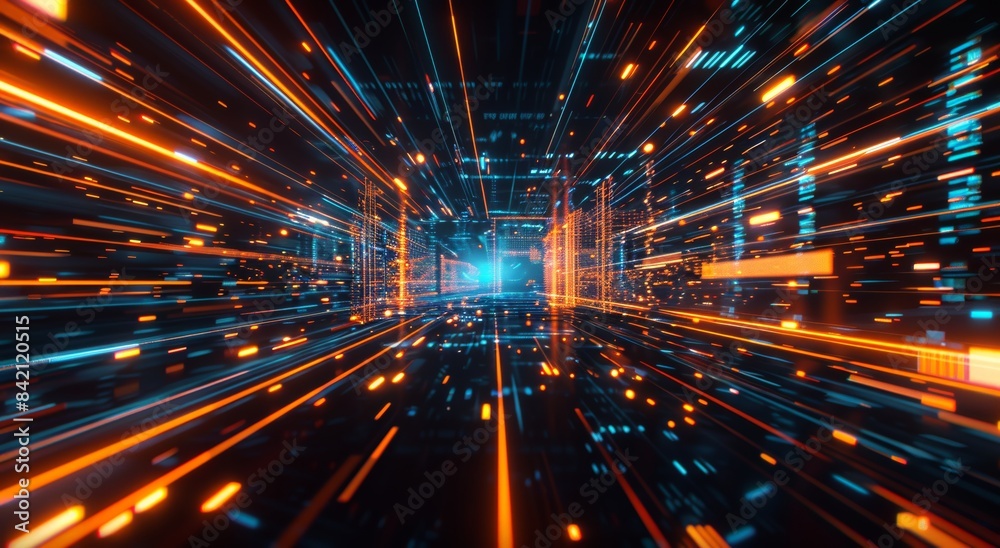 Futuristic background with light beams and digital code, creating an atmosphere of innovation in technology.