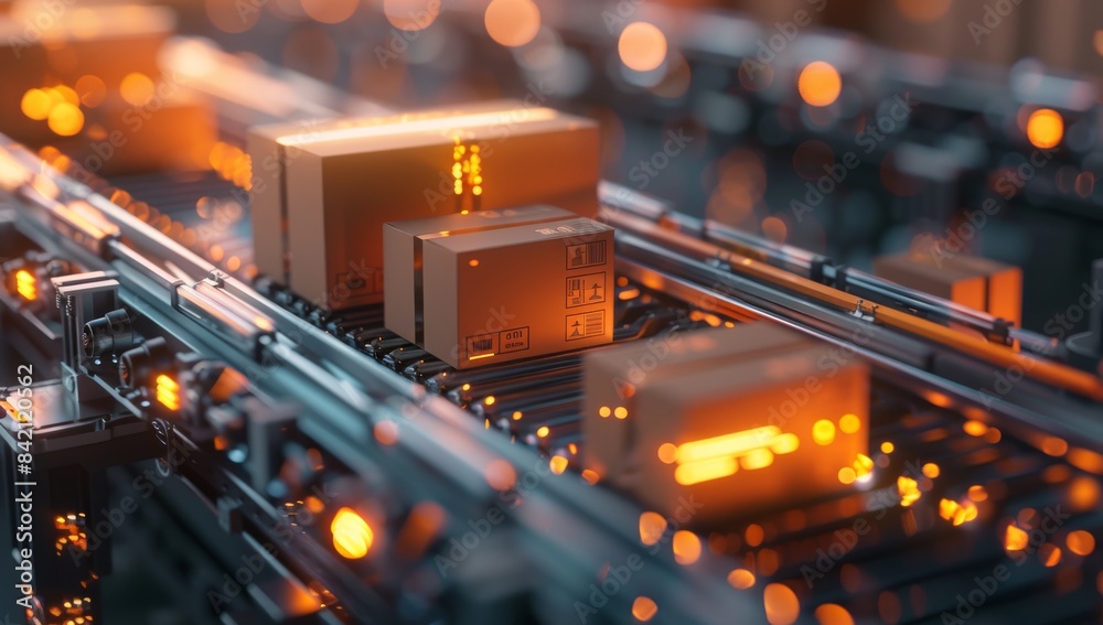 © MD Media - Futuristic warehouse with digital data visualization of software and cargo on conveyor belt in motion, high speed photography, data flow style © MD Media - Futuristic warehouse with digital data visualization of software and cargo on conveyor belt in motion, high speed photography, data flow style