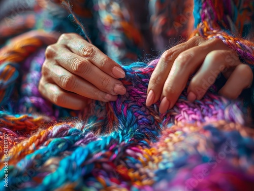 Detailed view of hands creating a colorful scarf with soft, rich yarns, the textures and hues blending beautifully, perfect for highlighting the skill and creativity of knitting