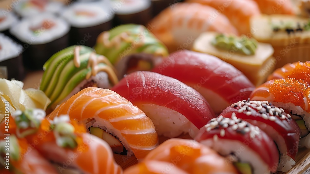 Elegant sushi platter featuring an assortment of nigiri and maki