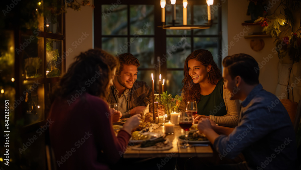 group of friends enjoying their thanksgiving meal at a dinner table