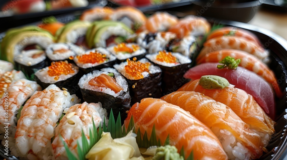 Elegant sushi platter featuring an assortment of nigiri and maki Elegant sushi platter featuring an assortment of nigiri and maki