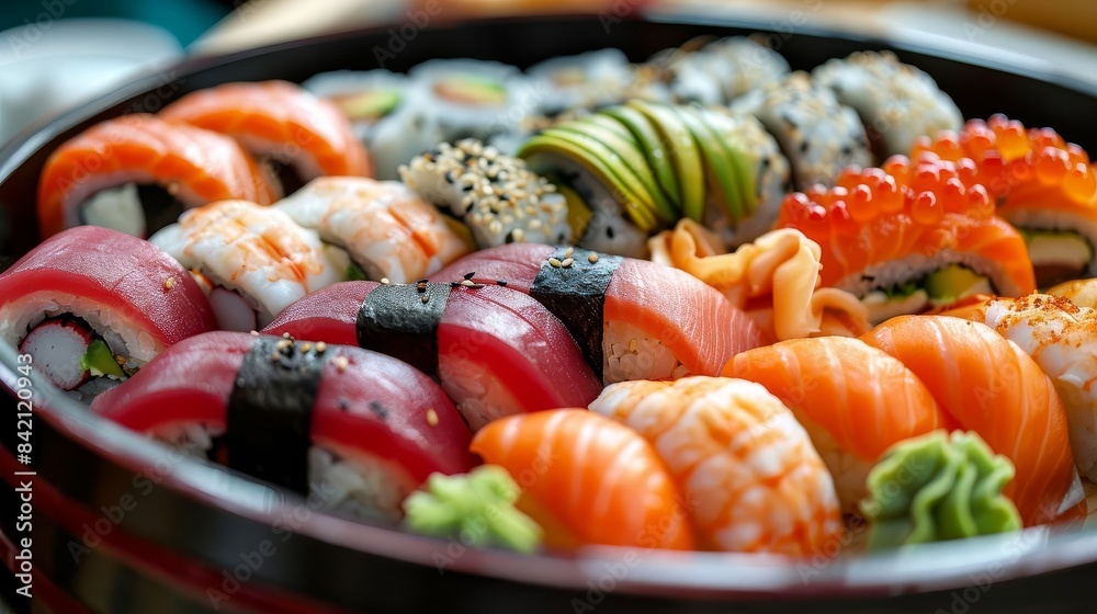 Elegant sushi platter featuring an assortment of nigiri and maki Elegant sushi platter featuring an assortment of nigiri and maki