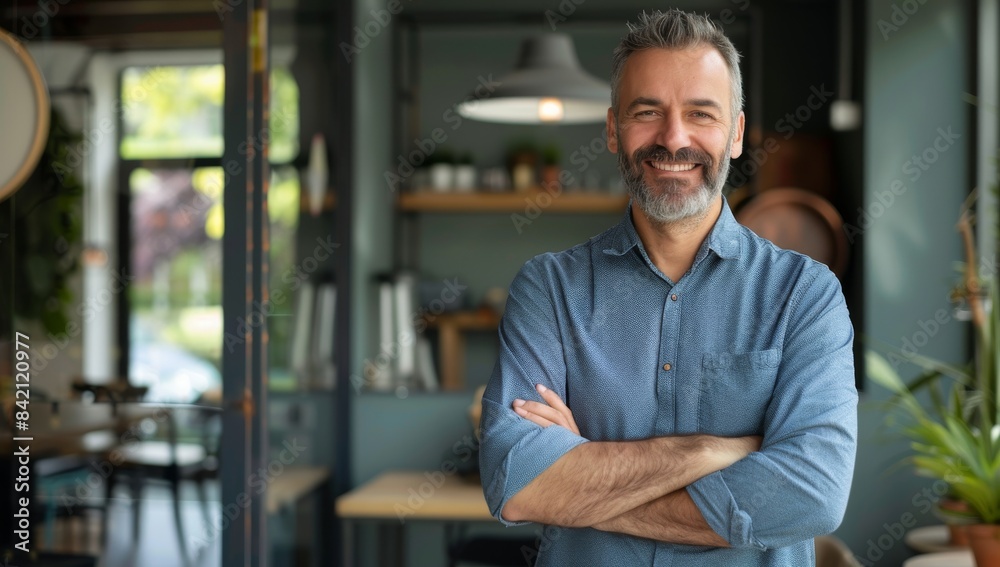 Handsome middle-aged man smiling and standing with arms crossed in his modern office, looking at the camera. A man wearing a casual shirt standing in front of a glass wall in the coffee shop Handsome middle-aged man smiling and standing with arms crossed in his modern office, looking at the camera. A man wearing a casual shirt standing in front of a glass wall in the coffee shop