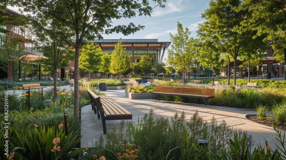 Green Oasis EcoFriendly Public Square with Recycled Benches Green Oasis EcoFriendly Public Square with Recycled Benches