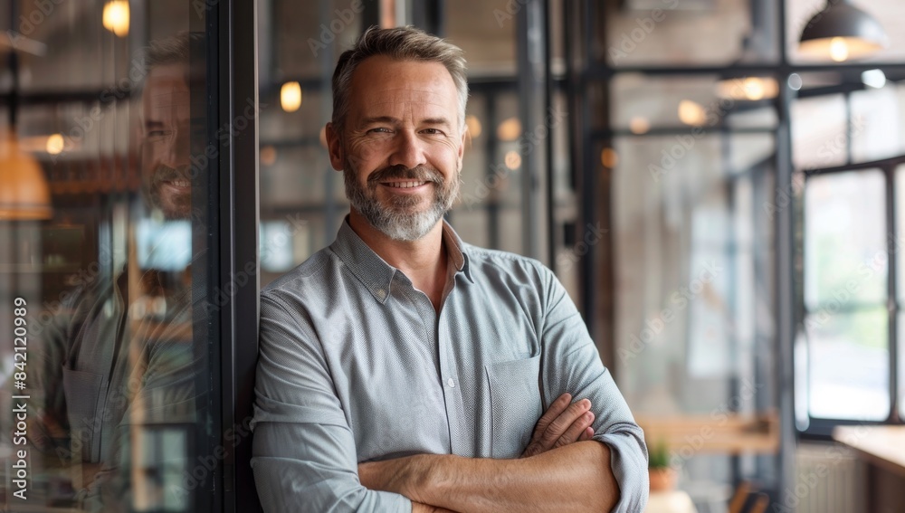 Handsome middle-aged man smiling and standing with arms crossed in his modern office, looking at the camera. A man wearing a casual shirt standing in front of a glass wall in the coffee shop Handsome middle-aged man smiling and standing with arms crossed in his modern office, looking at the camera. A man wearing a casual shirt standing in front of a glass wall in the coffee shop