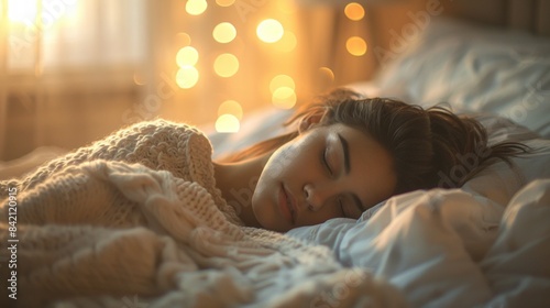 Peaceful young woman sleeping in cozy bed with warm lights
