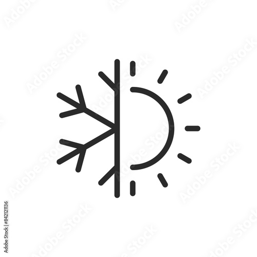 Temperature, linear style icon. Cold and hot. Snowflake and sun. Editable stroke width