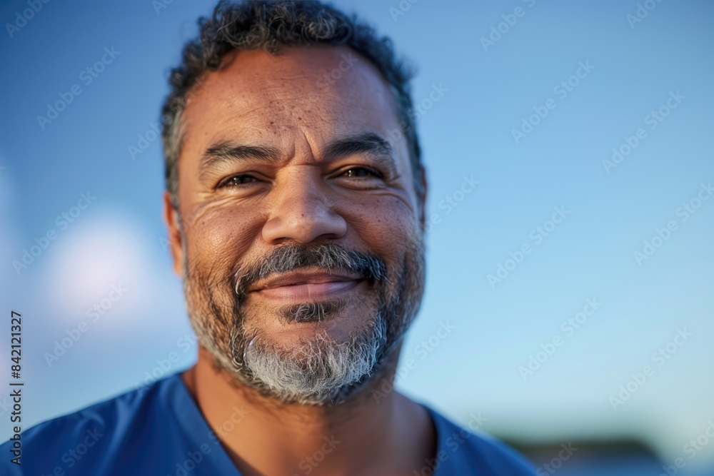 Close-up portrait of a smiling middle-aged man with a blue sky in the background Close-up portrait of a smiling middle-aged man with a blue sky in the background