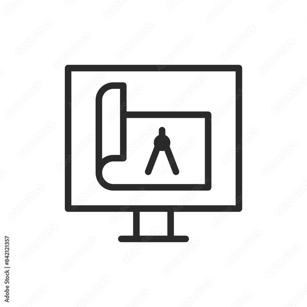 Computer screen with blueprint, linear style icon. Monitor displaying a blueprint, digital design or architectural software. Editable stroke width. Computer screen with blueprint, linear style icon. Monitor displaying a blueprint, digital design or architectural software. Editable stroke width.