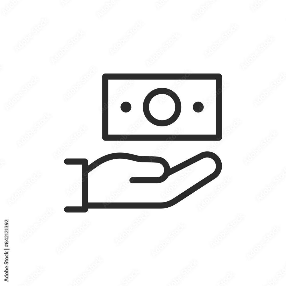 Hand holding banknote, linear style icon. Receiving or giving money. Editable stroke width Hand holding banknote, linear style icon. Receiving or giving money. Editable stroke width