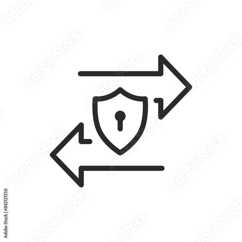 Secure transaction, linear style icon. Secure exchange. arrows surrounding a shield with a lock, secure online transactions and data protection. Editable stroke width.