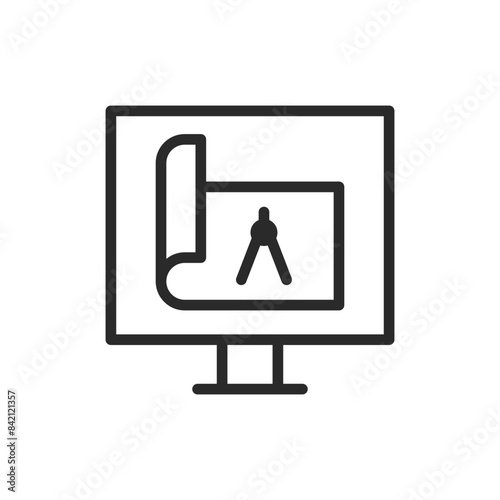 Computer screen with blueprint, linear style icon. Monitor displaying a blueprint, digital design or architectural software. Editable stroke width.
