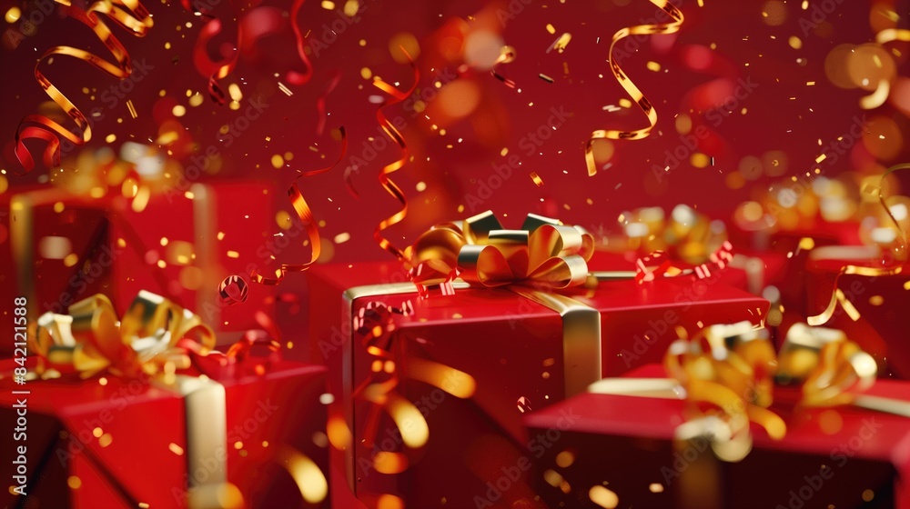Red gift boxes with golden ribbons amid floating confetti in a festive setting. Red gift boxes with golden ribbons amid floating confetti in a festive setting.