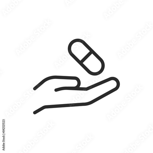 Hand with capsule, linear style icon. taking or offering a capsule medication. Editable stroke width.