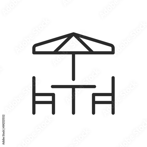Table with chairs and umbrella, linear style icon. Outdoor dining. Editable stroke width
