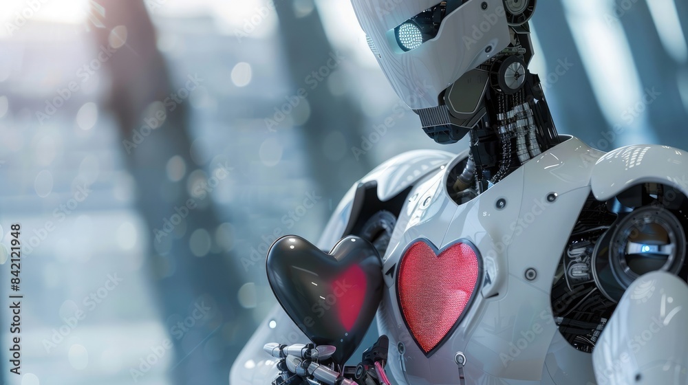 Fototapeta premium Ethical and responsible AI depicted by robot holding heart and shield. AI ethics