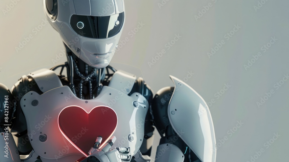 Naklejka premium Robot holding heart and shield as symbol of ethical and responsible AI. AI ethics