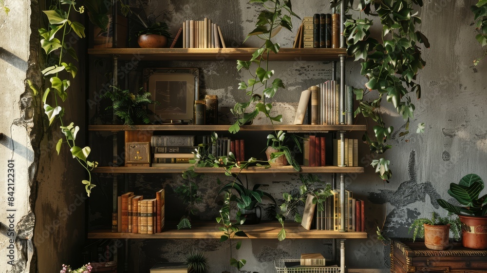 Serene Sanctuary Rustic Bookshelf Oasis with Lush Greenery and Industry Magazines for Cozy Reading Nook Vibe