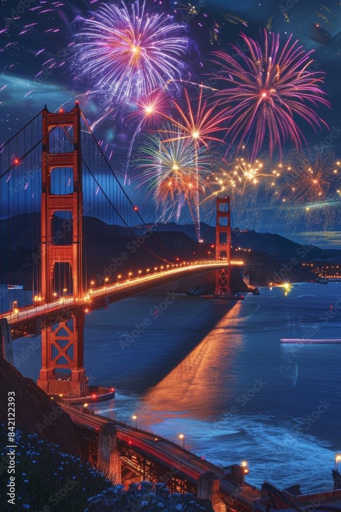 Obraz premium Golden Gate Bridge Illuminated by Vibrant Fireworks Display at Night, San Francisco Celebration Theme